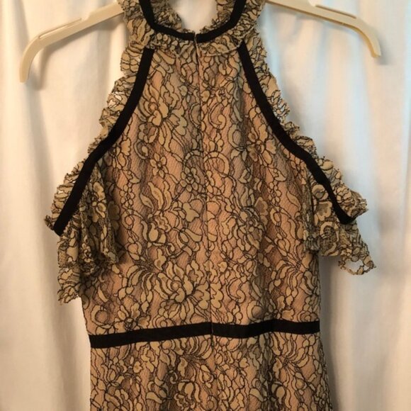 SHOSHANNA Nude Aleah Lace Cold Shoulder Dress 2 Beige Black Tie Bow - Picture 4 of 7